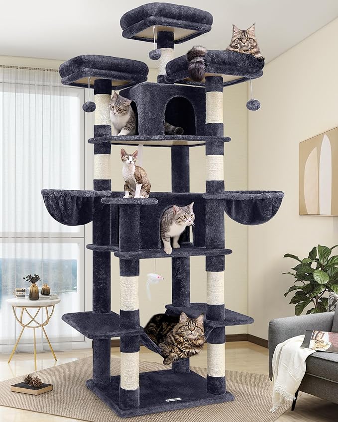 Globlazer Big Cat Tower for Indoor Cats, 80inch Cat Tower for Multiple Adult Cats XXL Cat Tree with Scratching Post, Hammock, 3 Perches, 2 Condos, 2 Hanging Basket, F80, Dark Grey