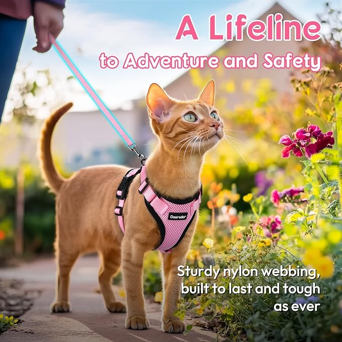 Dooradar Cat Harness and Leash Set, Escape Proof Safe Adjustable Kitten Vest Harnesses for Walking, Easy Control Soft Breathable Mesh Jacket with Reflective Strips for Cats, Pink, XXS