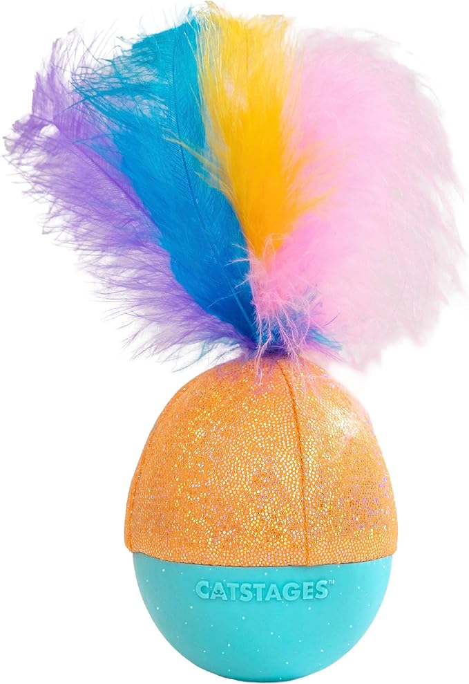 Catstages Whack N' Wobble Ball Intearctive Cat Toy, Weighted Ball with Feathers, Bell, Glitter Fabric & Catnip Oil, Turquoise