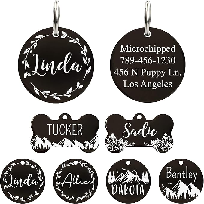 Ultra Joys Stainless Steel Pet ID Dog Name Tag Personalized Front and Back Engraving, Customized for Dogs and Cats, Optional Engraving on Both Sides, Round With Vine Design, Large