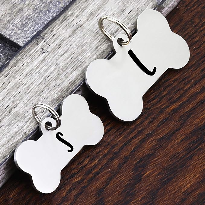 Ultra Joys Stainless Steel Pet ID Tag Dog Name Tags Personalized Front and Back Engraving, Customized Cat Tags, Optional Engraved on Both Sides, Bone Floral Design, Silver Large, Silver-bone-floral