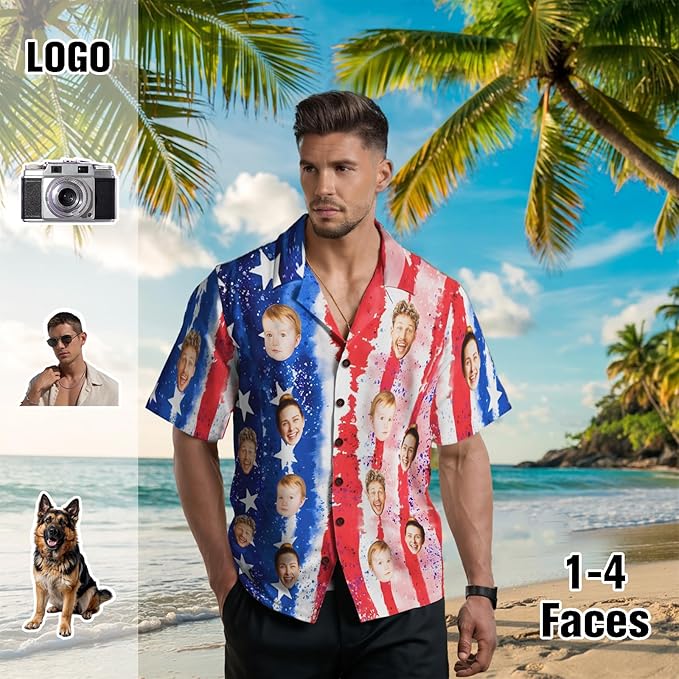 Custom Hawaiian Shirt with Face for Men, Unisex Tropical Beach Shirts Personalized Casual Funny Hawaii Button Down Shirts