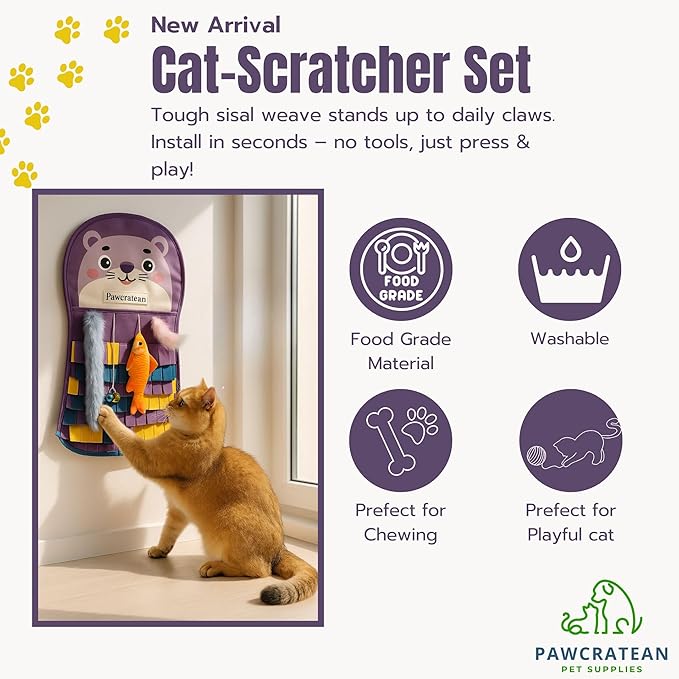 27 Inch Soft Felt Fringe Cat Wall Mat with Charms – Purple Bear Vertical Play Pad & Storage Pocket (Purple Bear)
