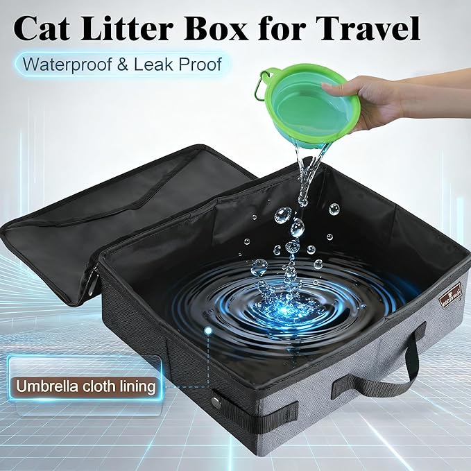 HiCaptain Portable Litter Box for Cats, Cat Travel Litter Box with Lid and Handle Standard Portable Collapsible Litter Carrier for Cat (L,Black/Gray)