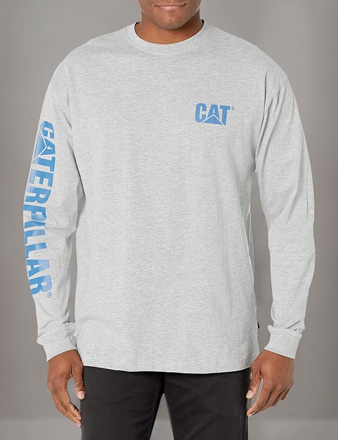 Caterpillar Trademark Banner Long Sleeve Tee Shirts for Men with Center Back Neck Wire Management Loop and Cat Workwear Logo