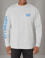 Caterpillar Trademark Banner Long Sleeve Tee Shirts for Men with Center Back Neck Wire Management Loop and Cat Workwear Logo