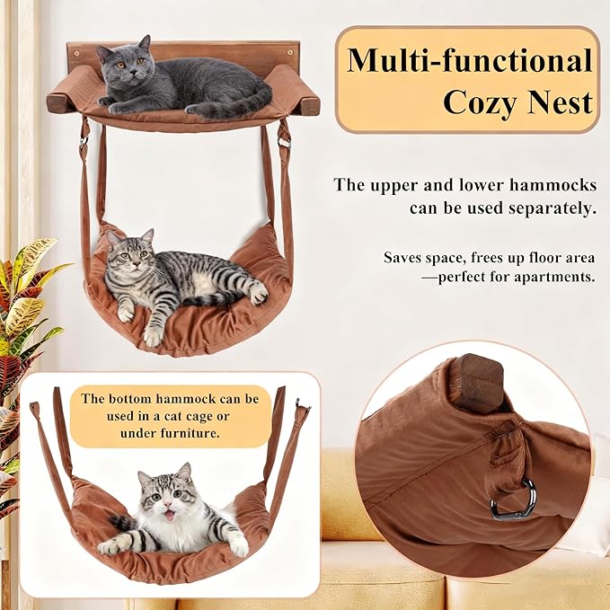 JSPYFITS Wooden Cat Wall Hammock, 18.9 x 12.6 Inch Double Layer Cat Furniture Hammock, Large Removable Multi-Function Cats Bed for Sleep/Play/Climb/Lounge Easy DIY Installation(Brown)