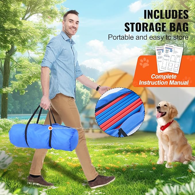 Happybuy Dog Agility Training Equipment, 4 PCS Set with Adjustable High Hurdles,6 Weave Poles,Jump Ring,Square Pause Box,Whistle,Foldable Bowl, Puppy Obstacle Course Kit for Backyard, Indoor, Outdoor