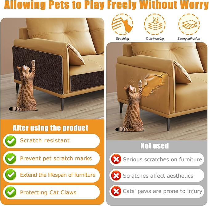 cat Scratching mat Self-Adhesive, Trimmable Furniture Protector for Couch, Sofa, Wall & Cat Trees - Durable Scratch Pad with Nano Tape, DIY Climbing Carpet for Indoor Cats (Brown, 39.3"x15.8")
