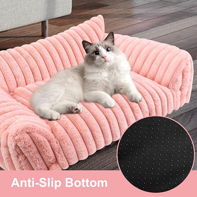 Cute Cat Couch Bed for Indoor Cats, Fluffy Pet Cat Sofa with Premium Soft Corduroy Fleece, Cute Small Dog Beds for Small Dogs, Fuzzy Puppy Chair with Removable Washable Cover (24x18x10,Pink)