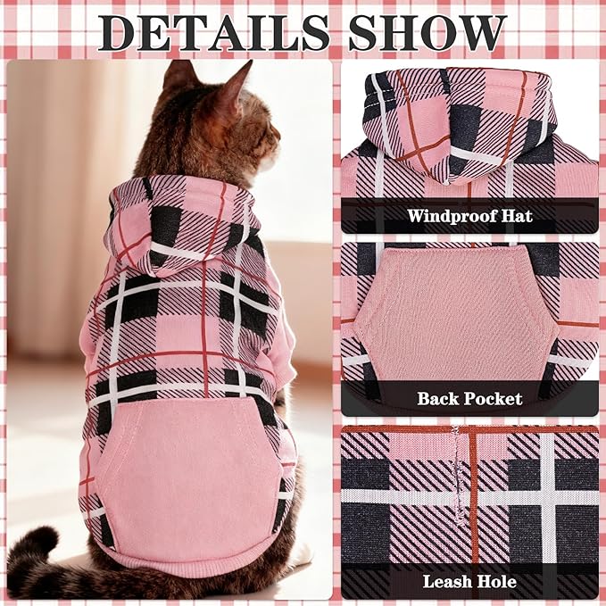 EXPAWLORER Plaid Cat Hoodie - British Style Warm Cat Sweater Shirt with Leash Hole,Pet Clothes Outfits,Winter Coat Apparel for Puppy Cats Girl Boy-Kitten Apparel,Pink S