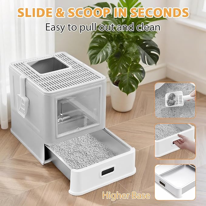 Homegroove Stainless Steel Cat Litter Box with Drawer, XL Foldable Enclosed Kitten Litter Box with Lid for Indoor Cats, Metal Covered Cat Litter Pan with Litter Scoop (Gray)