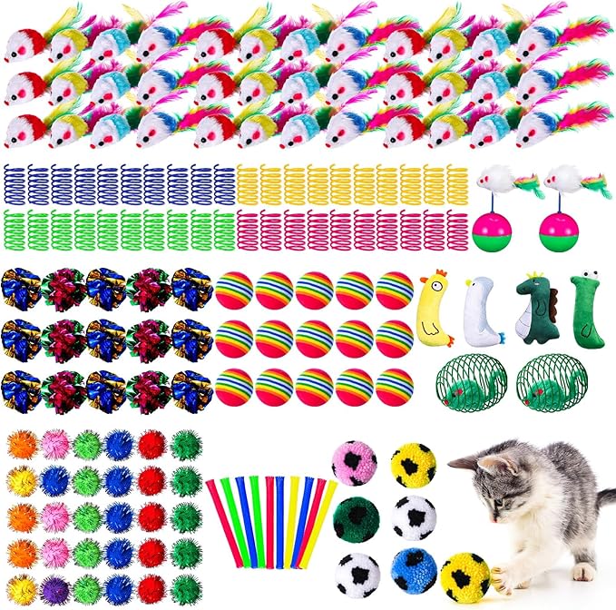 Shappy 150 Pcs Cat Toys for Indoor Cats Bulk, Kitten Toys Pack, Variety Interactive Gift Including Mice Rainbow Balls Spring Crinkle Balls Gift for Kitty Kitten Cat(Novel)