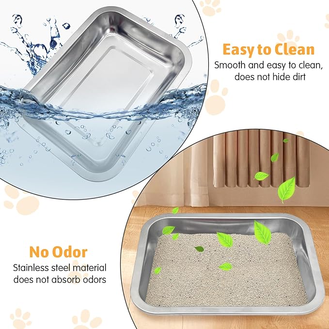 Fhiny 4Pack Stainless Steel Kitten Litter Box, Small Size Low Entry Metal Cat Open Litter Pan Potty Kitten Training Toilet Odor Control Smooth Surface (L: 14" L×10" W×1.7" H)