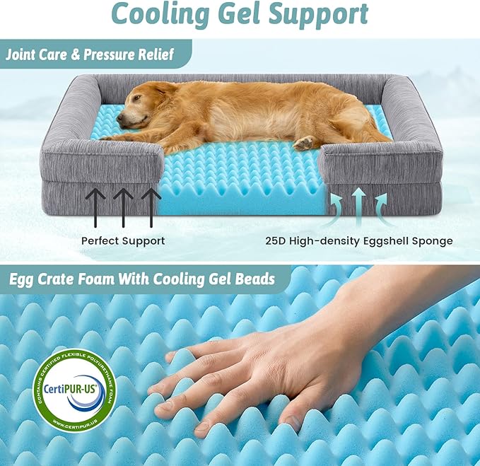 Cooling Dog Bed for Large Medium Size Dogs, Q-Max >0.4 Summer Cool Orthopedic Pet Sofa Bed with Sides, Bolster Anti-Slip Couch with Washable Removable Cover, L 36x27x6.5 inch, Dark Grey