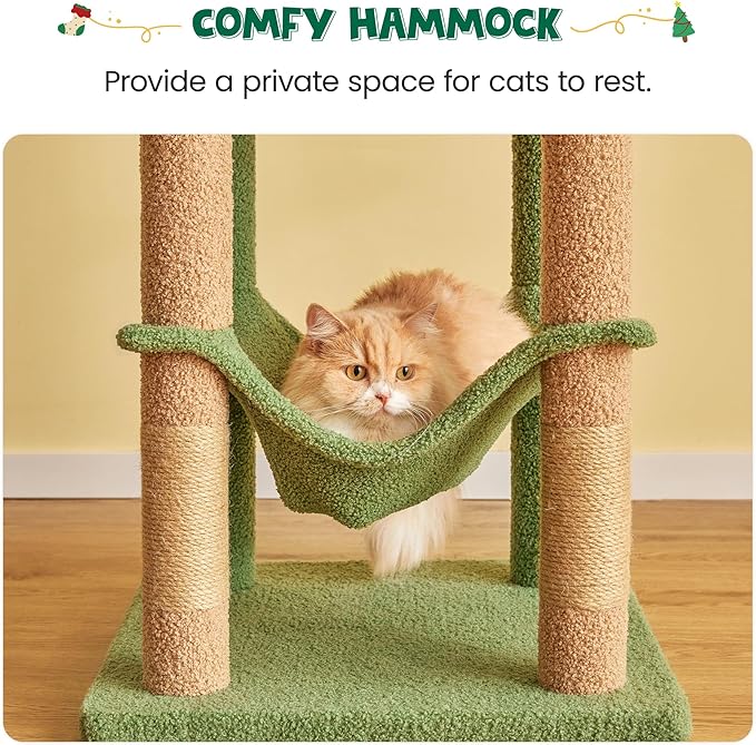MWPO 63.8 Inches Green Cat Tree for Indoor Cats, Multi-Level Cat Tower with Sisal-Covered Scratching Posts, Padded Platform, Hammock, Dangling Toys, Stable Cat Condo Pet Play House