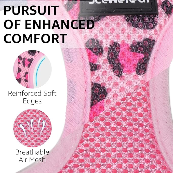 SCENEREAL Cat Harness & Leash Set Escape Proof - Adjustable Air Mesh Vest with Reflective Strips for Kittens, Puppies, Rabbits, Pink Leopard M