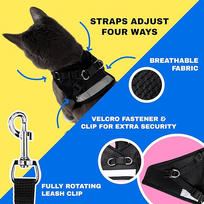 Travel Cat Harness and Leash Set - Adjustable Fit Mesh Cat Harness and Reflective Strap - Comfort Walking Vest for Kitten for Outdoor Walking, Hiking (Medium, Black)
