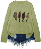 WDIRARA Women's Cat Graphic Sweater Long Sleeve Crew Neck Knit Tops Casual Knitwear
