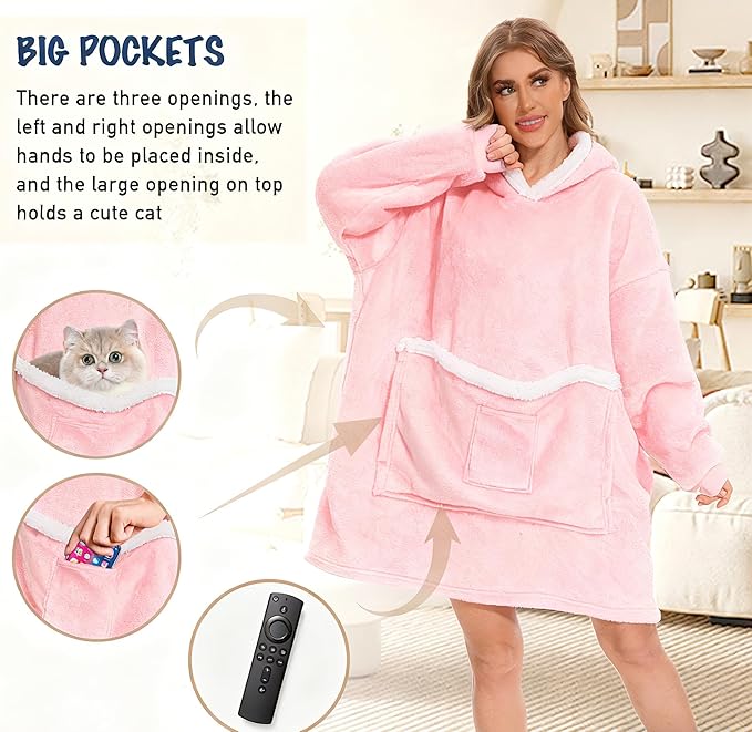 Wearable Blanket Hoodie with Giant Pocket, Soft Warm Sherpa Fleece Oversized Blanket Sweatshirt Gifts for Women Men