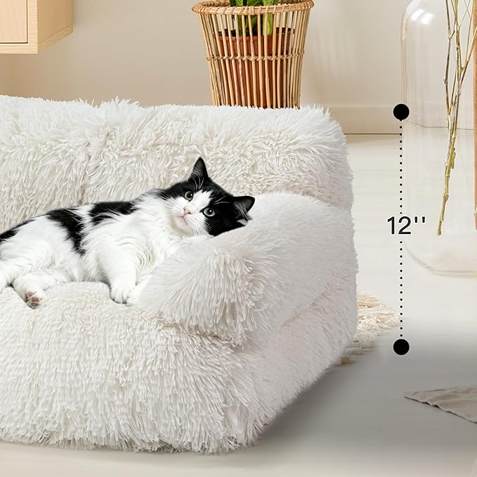 Large Cat Beds for Indoor Cats, Dog Couch Bed, Cute Cat Couch Sofas for Less 20lbs Kitten Puppy, Small Dog Sofas & Chairs with Removable Washable Cover, Soft Warm Pet Furniture, Plush White