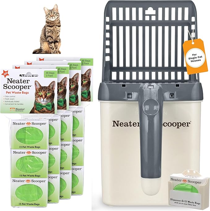 Neater Pet Brands Neater Scooper Standard Cat Litter Scoop, 195 Refill Bags – Mess-Free Cat Litter Scooper with Bag, Spill-Proof Kitty Box Sifter, Bin Doubles as Scoop Holder, For Single-Cat Household