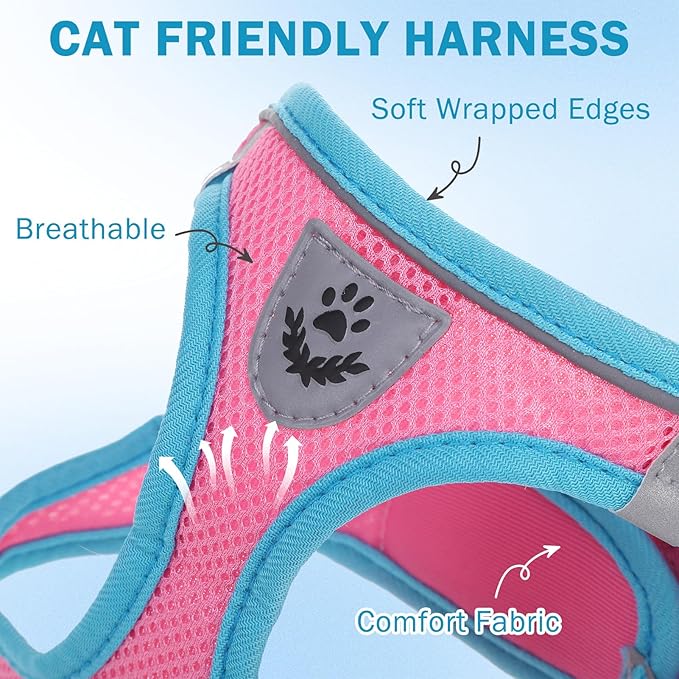SCENEREAL Cat Harness and Leash Set Escape Proof, Adjustable Soft Air Mesh Kitten Harnesses for Girls Boys Small Medium Big Cats, Reflective Light Travel Pet Walking Vest for Puppy Rabbit, Pink L