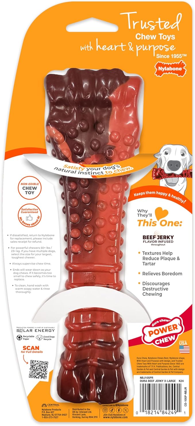 Nylabone Textured Bone Power Chew Toy for Dogs, Durable & Tough Dog Toys for Aggressive Chewers, Beef Jerky Flavor, X-Large Dogs - Over 50 Ibs, 1 Count