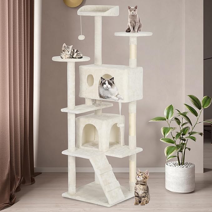 BestPet | 62" Cat Tree Tower | Beige | Sturdy, Easy to Assemble, Multi-Level Activity Center with Sisal Scratching Posts, Condos, Perches, Hanging Cat Toys, Observation Decks & Ladder