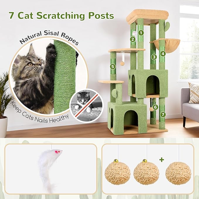 Globlazer Cactus Cat Tower for Indoor Cats, Heavy Duty Cat Trees for Large Cats Adult Big Cats Maine Coon Cat Tree Tower with Scratching Post, Extra Large Top Perch, Cat Condos, F61, Green, 61inch