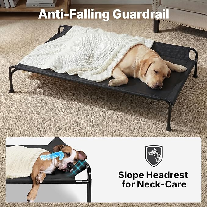 Veehoo Outdoor Elevated Dog Bed with Headrest Sides, Raised Dog Beds for Large Dogs, Washable Cooling Dog Cot with Non-Skid Feet, Breathable Mesh, Pet Hammock for Indoor or Camping, 41", Black