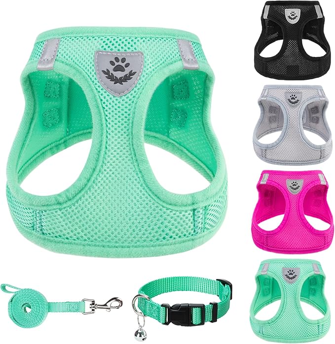 PUPTECK Adjustable Dog Harness Collar and Leash Set Step in No Pull Pet Harness for Small Medium Dogs Puppy and Cats Outdoor Walking Running, Soft Mesh Padded Reflective Vest Harnesses, Solid Green M