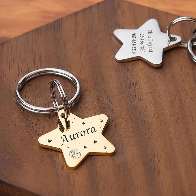 Anavia Small Size Dog Cat ID Tags, Small/XS Personalized Color Plated Stainless Steel Puppy Kitten Name Tags, Customized Engraved Nameplate Pet Collar Tag (Black, Star)