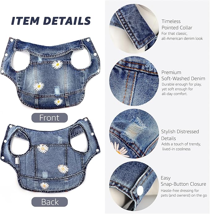 Dog Denim Jacket with Embroidered Daisy, Ripped Vintage Jean Vest for Small Dogs, Pugs, Chihuahuas, Spring Summer Autumn Festival Outfit (L)