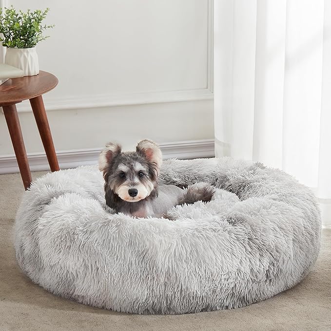 WESTERN HOME WH Calming Dog & Cat Bed, Anti-Anxiety Donut Cuddler Warming Cozy Soft Round Bed, Fluffy Faux Fur Plush Cushion Bed for Small Medium Dogs and Cats (20"/24"/27"/30"), White Grey