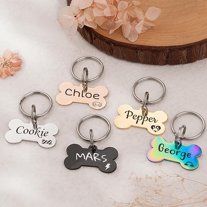 Anavia Small Size Dog Cat ID Tags, Small/XS Personalized Color Plated Stainless Steel Puppy Kitten Name Tags, Customized Engraved Nameplate Pet Collar Tag (Rose Gold, Bone)