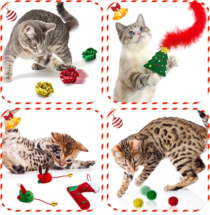 Cat Christmas Stocking, 10 Pack Gifts for Christmas, Interactive Feather Toy with Catnip, Cat Ball Toys, Crinkle Balls, Mice Toys for Indoor Cats & Kitten