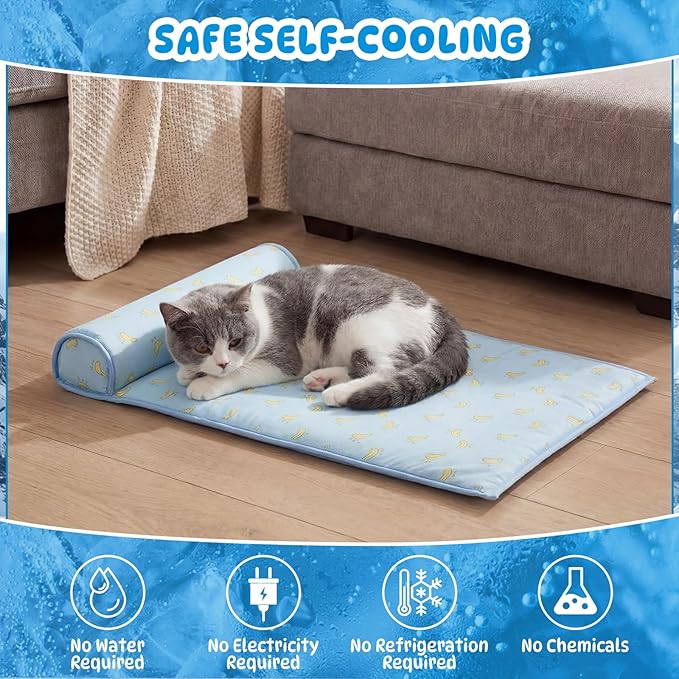 4 Pack Cooling Dog Mats with Supportive Pillow 23.6" x 31.5" Self Cooling Dog Pads Ice Silk Washable Pet Cool Mat Summer Cat Sleeping Pad with Storage Bag for Crate Bed Floor (Large, Blue)