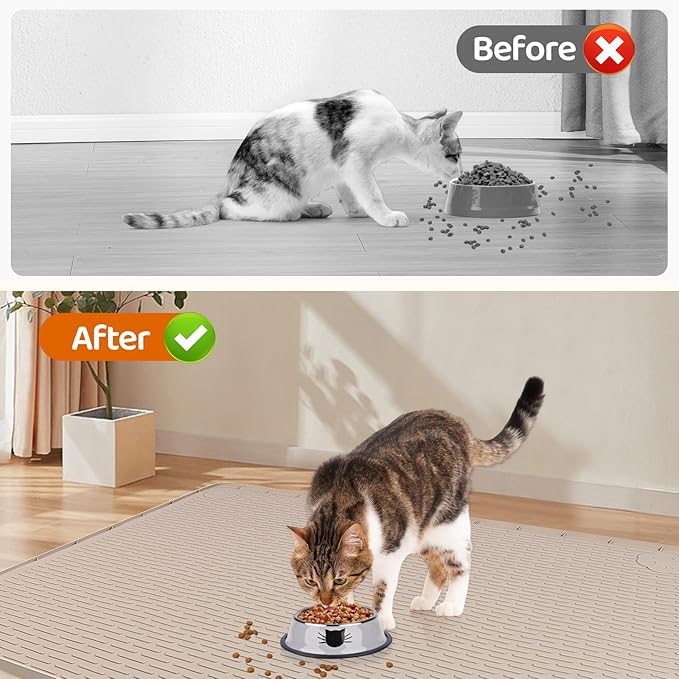 Cat Food Mat, 50" x 35" Extra Large Silicone Pet Feeding Mat with Raised Edge Pet Placemat for Food and Water Bowl Non-Slip, Easy to Clean, Floor Protection (Khaki)