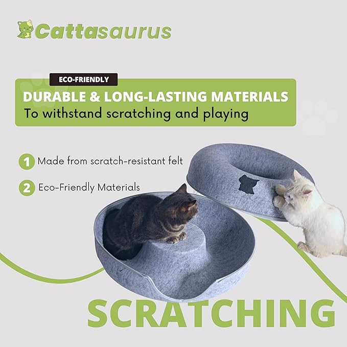 Cattasaurus Peekaboo Cat Cave Donut for Multiple & Large Cats up to 30-45 lbs, 3-in-1 Self Warming Cat Bed, Tunnel & Scratcher for Indoor Cats, Washable & Detachable Small Dog Bed (Light Gray, Large)