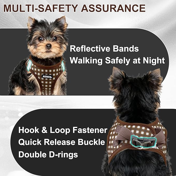 AIITLE No Pull Dog Harness and Leash Set, Step in No Chock Soft Mesh Dog Harnesses Reflective for Extra-Small Puppy Dogs and Cats, Plaid Dog Vest Harness for Pets Chocolate XXS