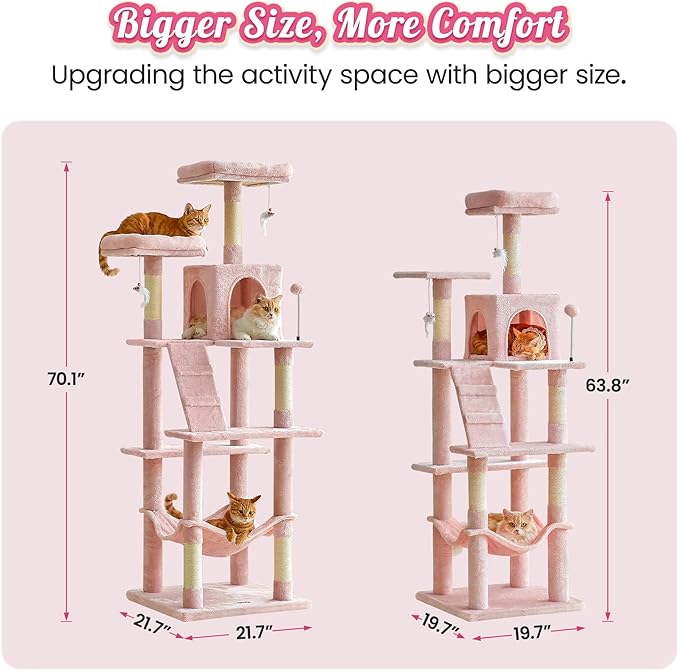 MWPO 70.1-Inch Pink Large Cat Tree, Multi-Level Tall Cat Tower for Indoor Cats, Plush Cat Condo with Big Padded Perches, Sisal-Covered Scratching Posts, Hammock, Toys for Kittens & Cats