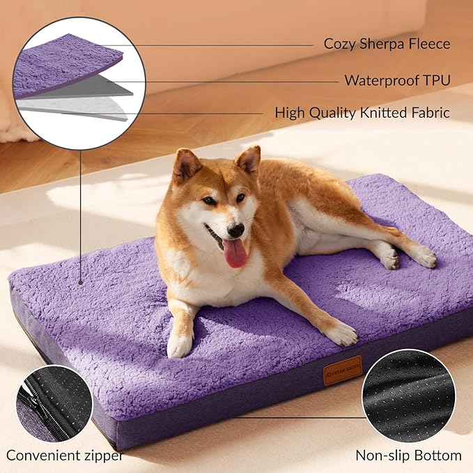 Patas Lague Orthopedic Jumbo Dog Bed for Large Sized Dog 56''X40'', Soft Waterproof Egg Crate Foam Large Pet Crate Beds Mat with Removable Washable Cover and Non-Slip Bottom, Purple