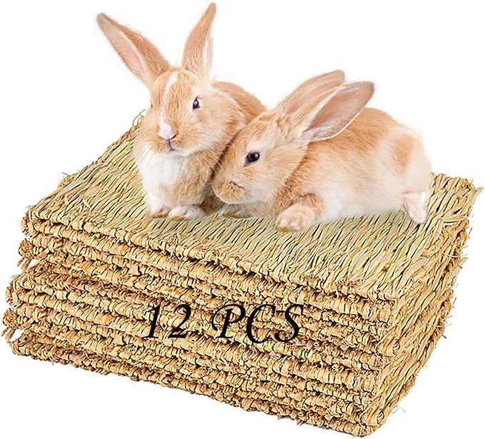 PINVNBY Hay Mats for Rabbits,12 Pack Natural Rabbit Grass Mat,Small Animal Woven Bed Resting Sleeping,Chewing,Nesting and Toys Cage Grass Matts for Bunny Guinea Pig Hamster Hedgehog Squirrel