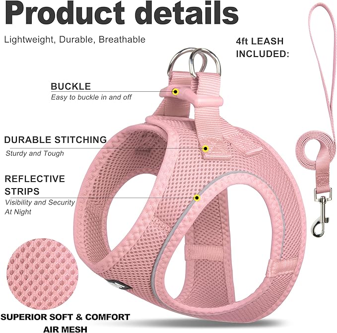 Fida Comfy Dog Harness with Leash, Soft Puppy Vest Escape Proof, Breathable Lightweight Soft Mesh, Adjustable Reflective Step-in Harness for Small Dogs Walking (S, Pink)