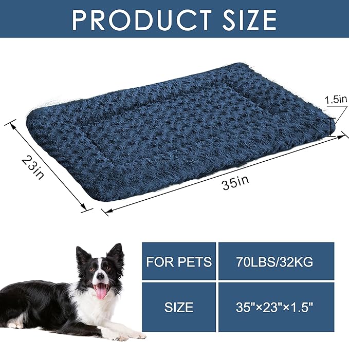 Washable Dog Bed Plush Orthopedic Outdoor Crate Mat with Non-Slip Bottom,Luxe Soft Kennel Pad for Pets, Cozy Cage Cushion & Pet Sleeping Mattress Large Sized,Medium,Small Dogs,36 x 24 inch,Blue