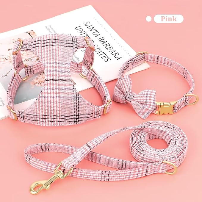Beirui Cute Extra Small Dog Harness Collar and Leash Set with Bowtie, Soft Adjustable Plaid Puppy Harness for Small Sized Dogs Cats Walks Parties and Photoshoots(Pink,XXS:Chest 12-14")