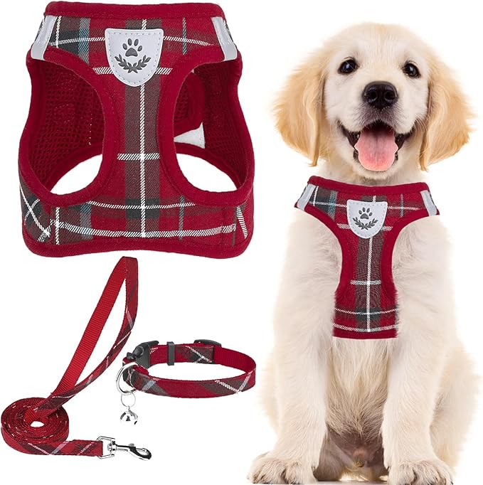 PUPTECK Adjustable Dog Harness Collar and Leash Set Step in No Pull Pet Harness for Small Medium Dogs Puppy and Cats Outdoor Walking Running, Soft Mesh Padded Reflective Vest Harnesses, Red M