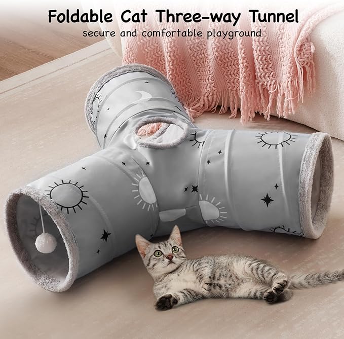 Tempcore Pet Cat Tunnel Tube Cat Toys 3 Way Collapsible, Cat Tunnels for Indoor Cats Fleece-Lined in for Warmth，Kitty Tunnel Bored Pet Toys Peek Hole Toy Ball Puppy, Kitten, Rabbit Gray Sun