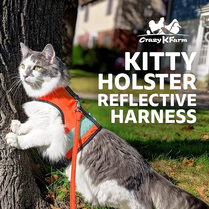 Kitty Holster Reflective Cat Harness – High-Visibility Cat Harness for Travel, Day and Night Walking - Soft Cotton Cat Accessories, Breathable, Secure & Washable, Made in USA-Outrageous Orange, S to M